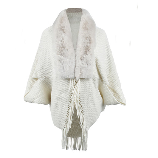 Capa Abrigo Tejida con Cuello de Piel y Borlas para Mujer - Image 5