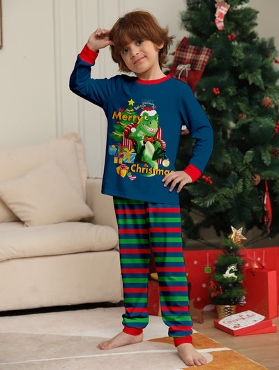 Child's blue long-sleeve Christmas pajamas with a dinosaur graphic and red and green striped pants. - Image 8