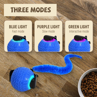 Interactive blue pet ball toy with a fuzzy worm attachment, captivating a brown dog and a tabby cat. - Image 15