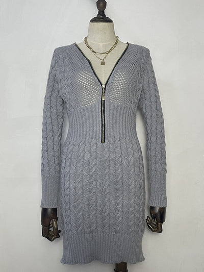 Suéter Vestido Ajustado Cuello V Mujer - Tejido Liso con Opción Cremallera - Image 36