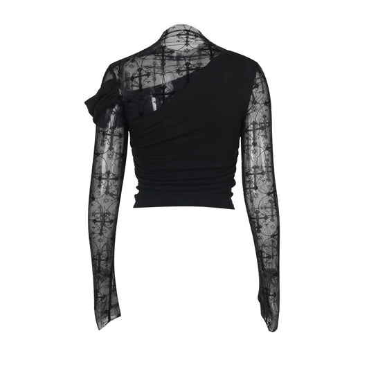 Blusa Ajustada de Encaje con Detalles Calados y Manga Larga - Image 2