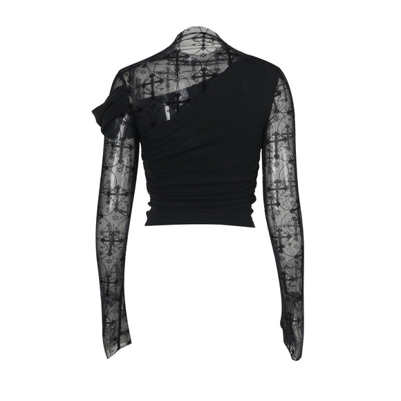 Blusa Ajustada de Encaje con Detalles Calados y Manga Larga