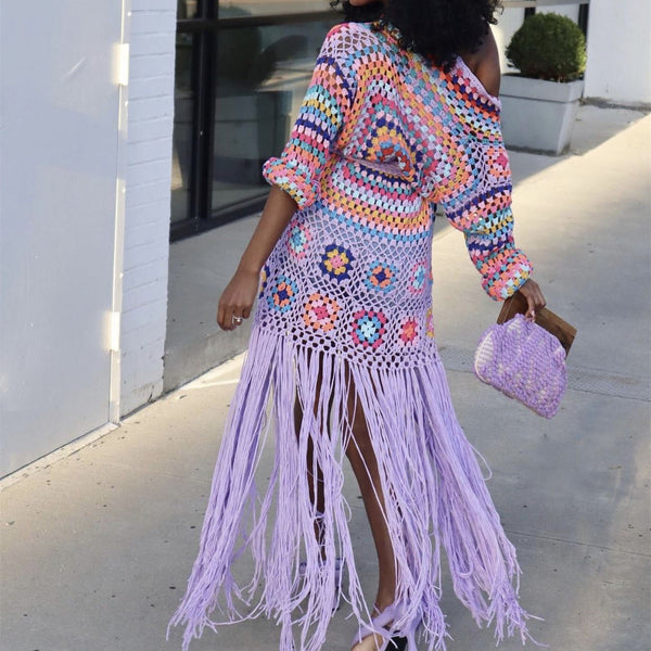 Cardigan Tejido a Mano con Flecos y Diseño Asimétrico Multicolor
