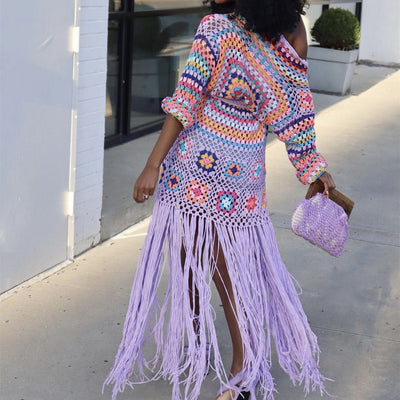 Cardigan Tejido a Mano con Flecos y Diseño Asimétrico Multicolor - Image 2