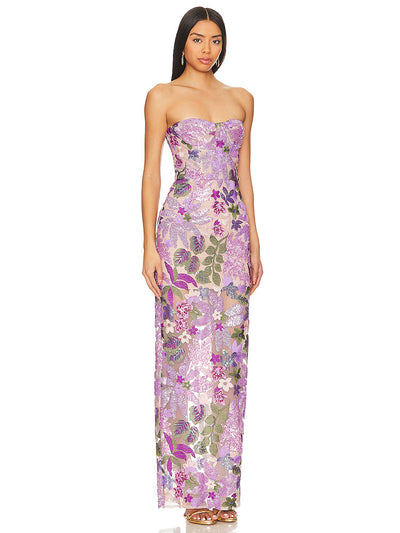 Vestido Bandeau Morado con Lentejuelas Bordadas y Ajuste Slim - Image 5