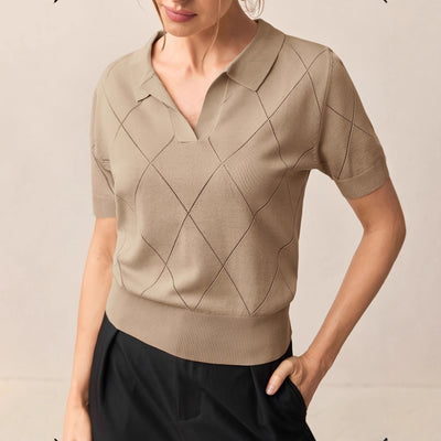 Suéter Cuello Alto Punto Diamante Manga Corta para Mujer - Image 5