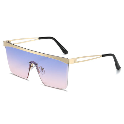 Gold frame square sunglasses with a one-piece gradient blue lens and black temple tips. - Image 5