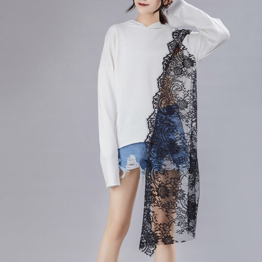 Sudadera con Capucha y Costuras Asimétricas de Encaje para Mujer - Image 4