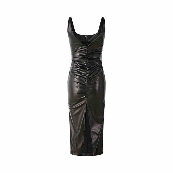 Vestido de Cuero PU con Pliegue Invertido y Abertura Lateral - Image 6