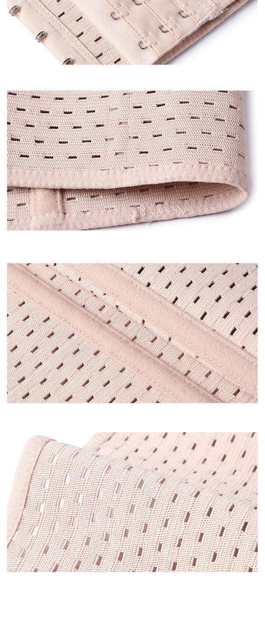 Beige ladies' postpartum tummy tuck body shaper with multiple hook-and-eye closures and a perforated design. - Image 5