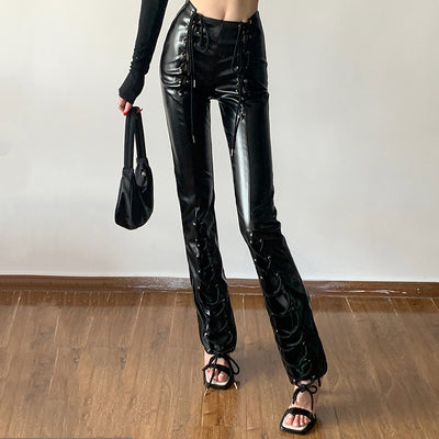 Pantalones de Cuero PU Cintura Alta con Detalle Hueco Slim Casual