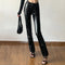 Pantalones de Cuero PU Cintura Alta con Detalle Hueco Slim Casual