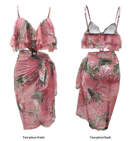 Pink tropical print three-piece women's swimwear set with ruffled bikini top, high-waisted bottoms, and matching sarong. - Image 12