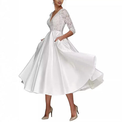 Vestido de Novia Elegante Escote en V Profundo con Encaje y Mangas Largas - Image 3