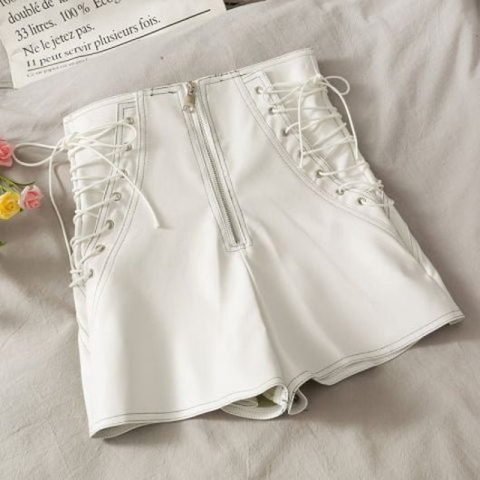Shorts de Cuero Delgado para Mujer Primavera Otoño Ajustado con Cierre