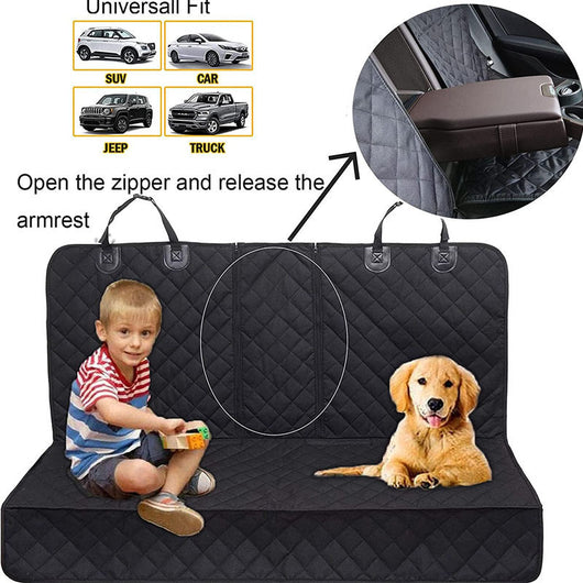 Black quilted car seat cover for dogs, shown with a golden retriever, protecting the rear seat from water and dirt. - Image 4