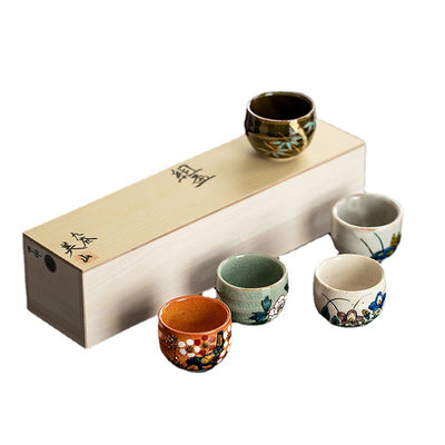 Juego de Tazas de Té Kutani Artesanal - Flores de Cinco Hierbas Retro - Image 6