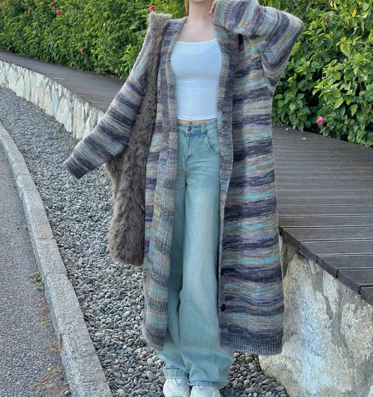 Cardigan Largo Tejido a Rayas con Capucha - Estilo Desenfadado - Image 16