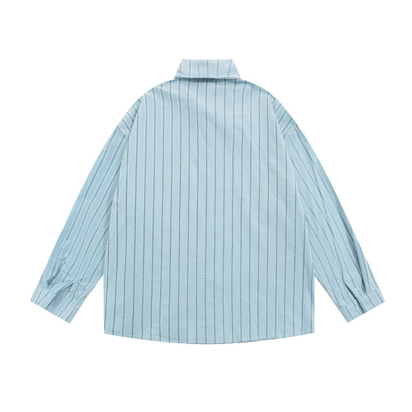 Camisa Casual de Rayas Verticales con Bordados Estilo Street American