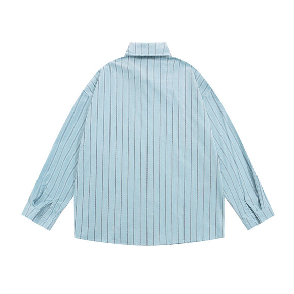 Camisa Casual de Rayas Verticales con Bordados Estilo Street American