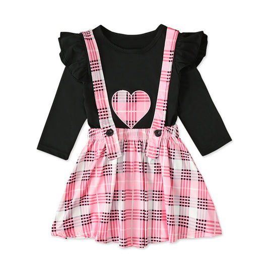 Conjunto Infantil Blusa Cuadrille Manga Larga con Falda Tipo Peto - Image 3