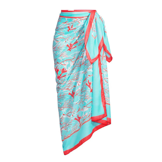 Women's light blue bikini with red coral print, featuring a halter top, high-cut bottom, and matching sarong. - Image 4