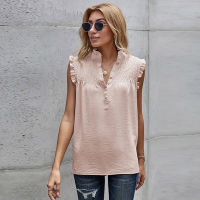 Blusa Suelta de Cuello Alto con Volantes y Botones - Estilo Casual Verano - Image 7
