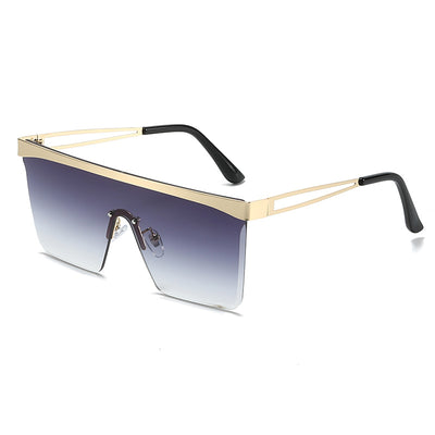 Gold frame square sunglasses with a one-piece gradient blue lens and black temple tips. - Image 10