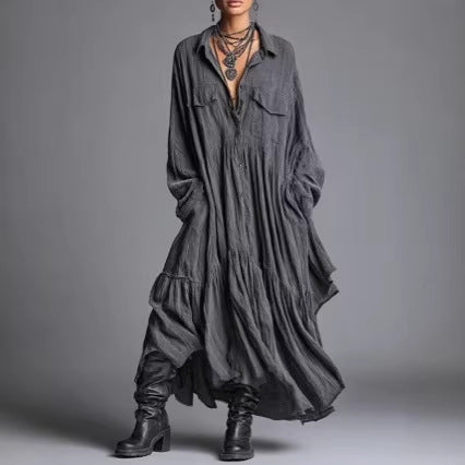 Vestido Camisero Retro Plisado Manga Larga Oversize - Image 4