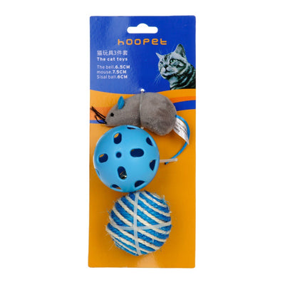 Cat toy set with a gray plush mouse, a blue plastic jingle ball, and a blue and white sisal rope ball. - Image 12