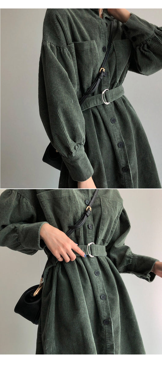 Vestido Camisero Acolchado con Cinturón en Pana - Largo Midi - Image 6