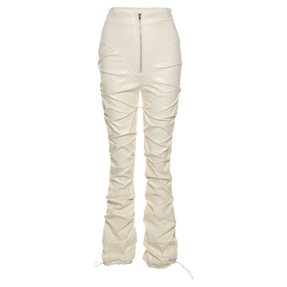 Pantalón de Cuero PU Cintura Alta con Bolsillo Lateral - Estilo Urbano Casual