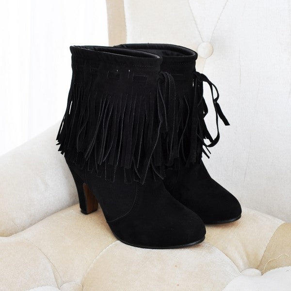 Botas Cortas de Tacón Alto con Flecos para Mujer