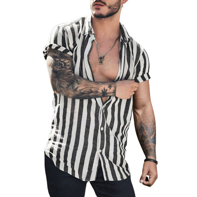 Camisa Cardigan de Lino con Rayas y Solapa para Hombre - Image 12