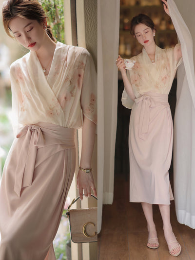Conjunto de Dos Piezas: Blusa Floral de Gasa con Falda Elegante - Image 14