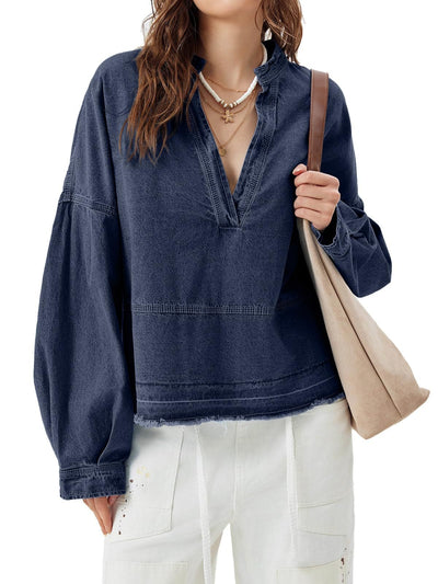Blusa Denim Holgada de Cuello V y Manga Larga Versátil - Image 16