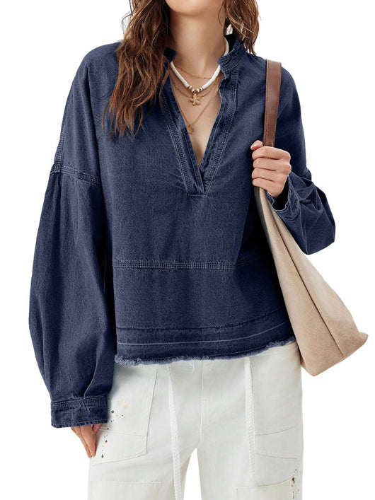 Blusa Denim Holgada de Cuello V y Manga Larga Versátil - Image 16