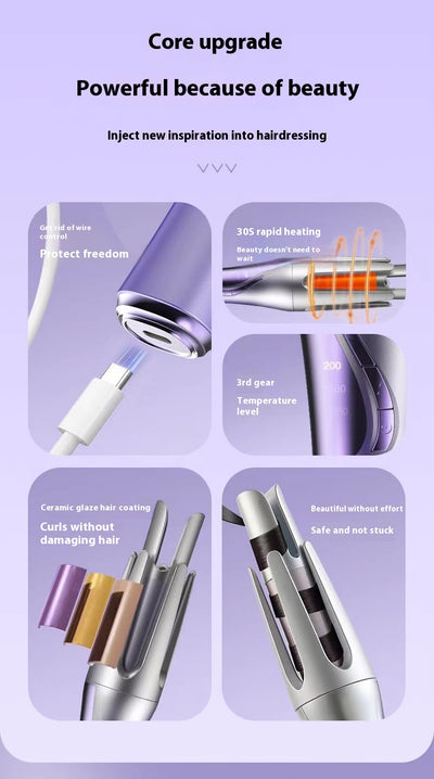 Gradient purple wireless automatic hair curler with a sleek design, one-button start, and three-speed adjustment. - Image 20