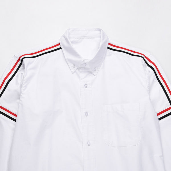 Camisa Oxford Blanca de Manga Larga con Detalles de Cinta en Hombros