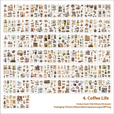 Retro Japanese paper sticker book with 50 sheets of watercolor-style daily life, house, garden, and cafe themed stickers. - Image 14
