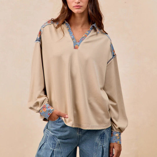 Sudadera Holgada Estilo Francés con Solapa y Patchwork para Mujer