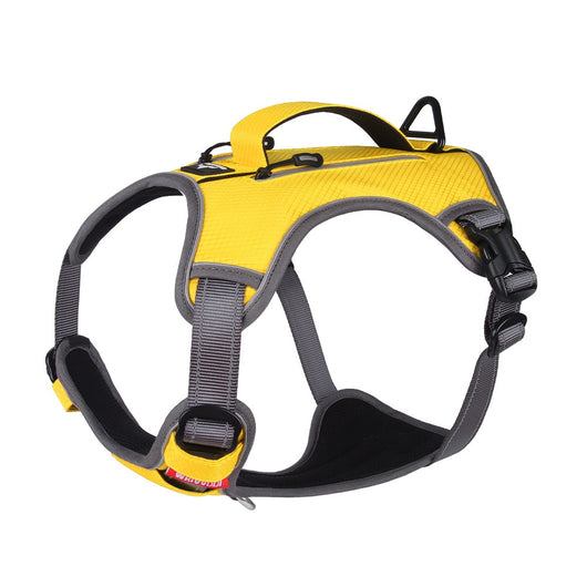 Orange and gray pet harness made of Oxford cloth with reflective trim, a top handle, and adjustable straps. - Image 5