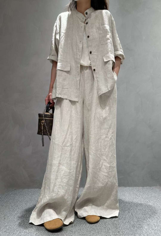 Conjunto de Lino Casual: Camisa Manga Corta y Pantalón de Color Liso - Image 12