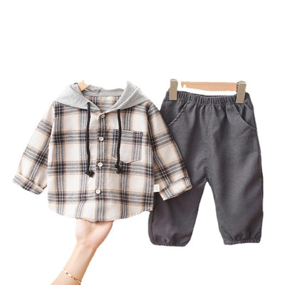 Conjunto de Abrigo Cuadriculado con Capucha, Camisa de Manga Larga y Sudadera para Niños - Image 5