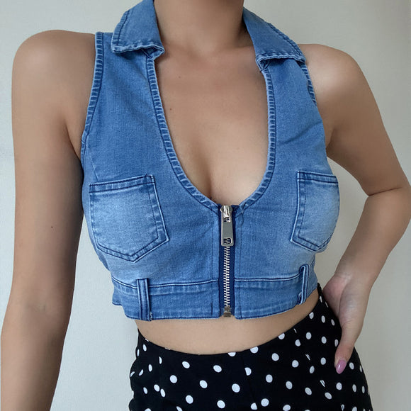 Top Sin Mangas Cuello Profundo Vintage Desgastado con Bolsillo y Cierre