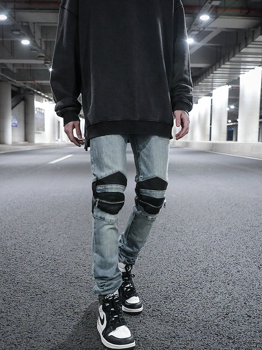 Jeans Slim Fit Biker con Parches de Cuero y Cierre Elástico - Image 8