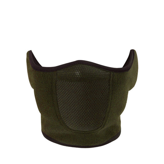 Dark green half-face mask with mesh panel and ear coverage, designed for winter cycling and outdoor activities.