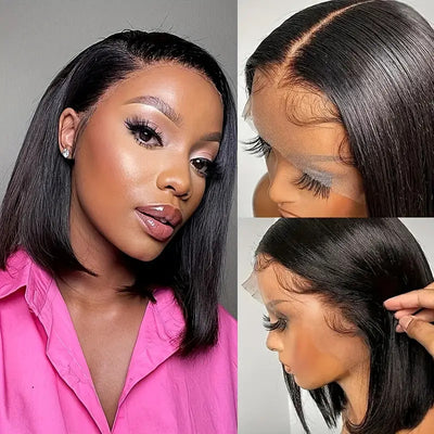 Peluca Bob Corta con Encaje Frontal - Cabello Liso Negro Sintético