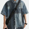Camisa Denim Retro Estilo Japonés con Costuras Lavadas para Hombre