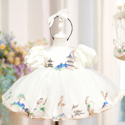 Vestido de Fiesta Infantil Blanco con Mangas Abullonadas de Satén